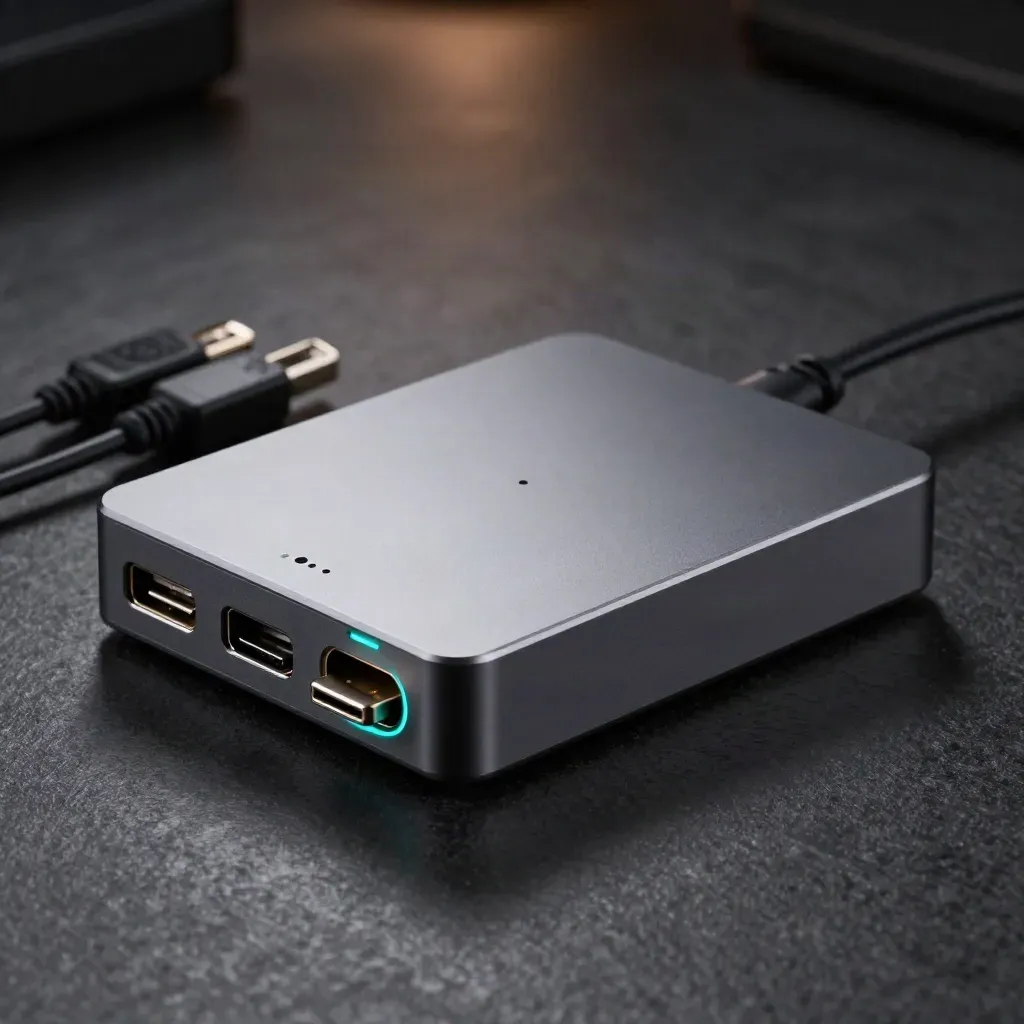 Encoder box with aligned adapter plugs on a dark stone surface, lit dramatically.