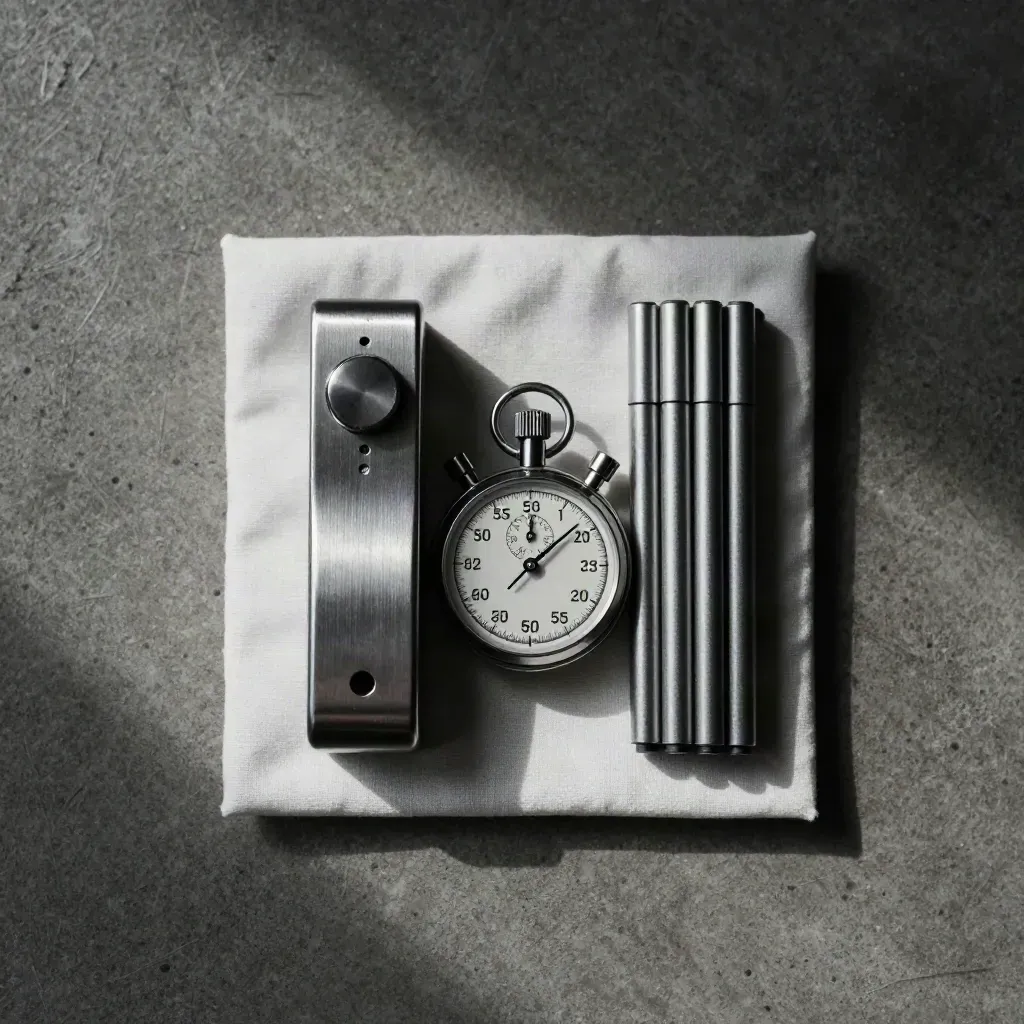 Top-down flat lay of a tally counter, stopwatch, and metal markers on cool concrete.