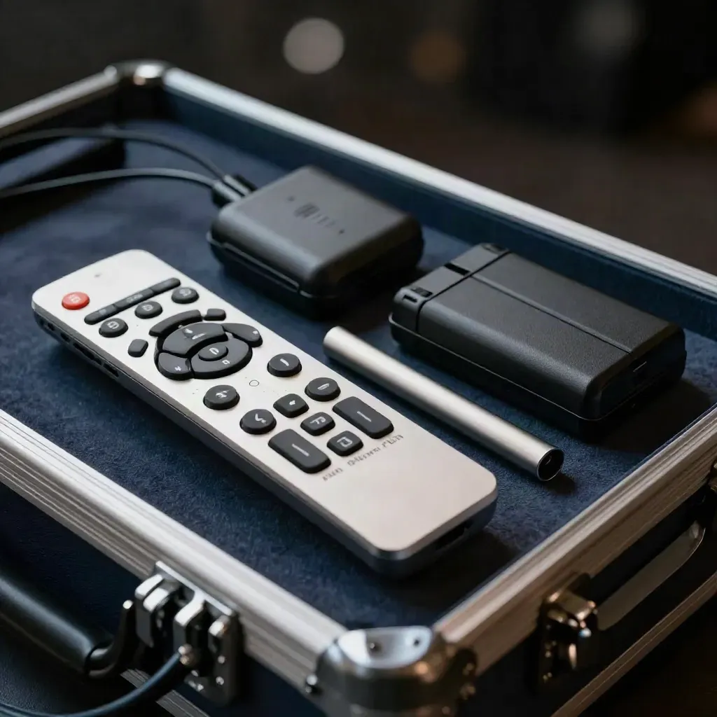 Remote, mic pack, batteries, and adapter on a flight-case tray through blurred cable.