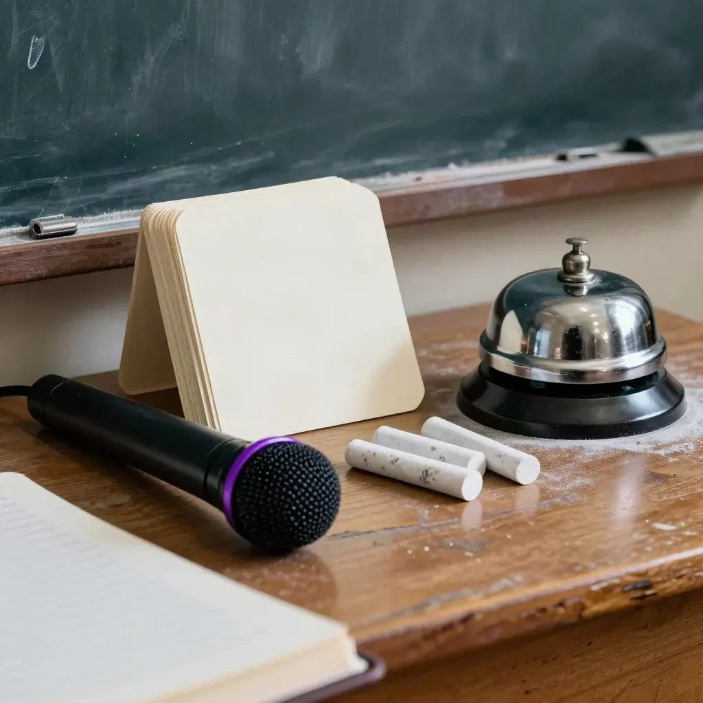 Teacher prep still life with handheld mic, flash cards, chalk and desk bell on a chalk-dusted desk.