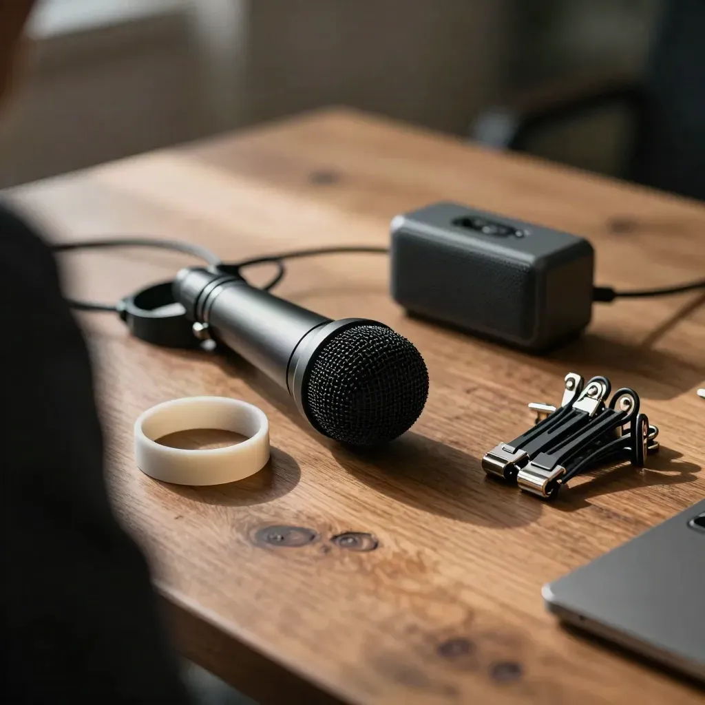 Podcast mic with wristbands, speaker, and cable ties on oak, seen through dark fabric.