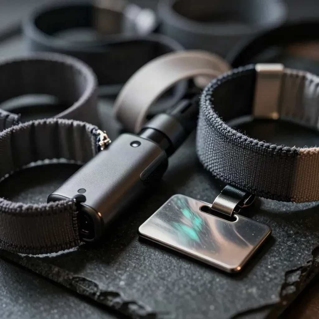 Event wristbands, mic receiver, and badge clip on dark stone with soft bokeh.
