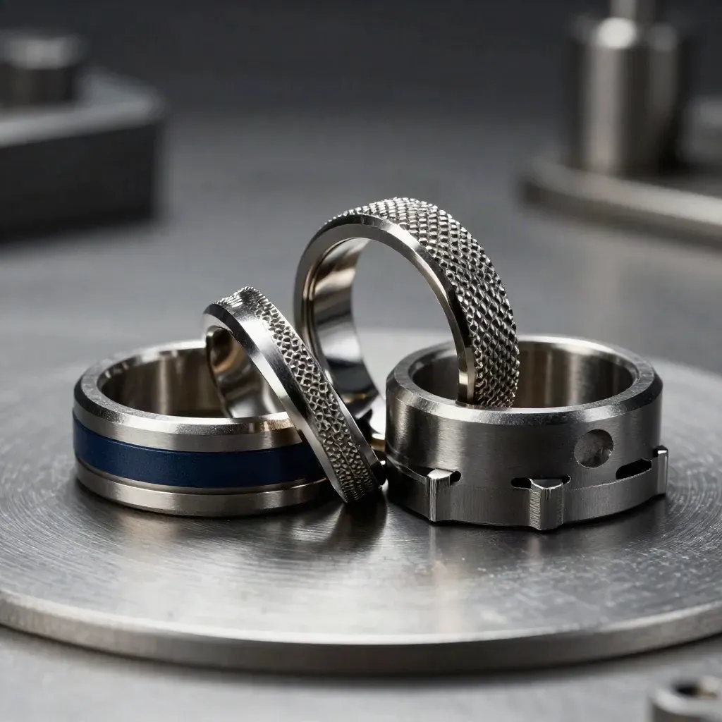Machined rings, connector, and modular block on brushed graphite metal in macro detail.