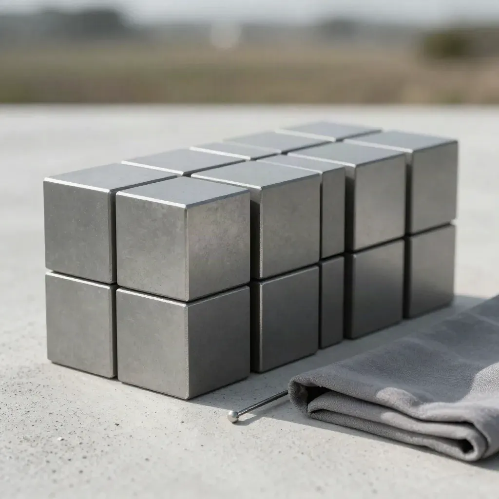 Grey modular cubes, connector pin and cloth pad on pale concrete in a top-down still life.