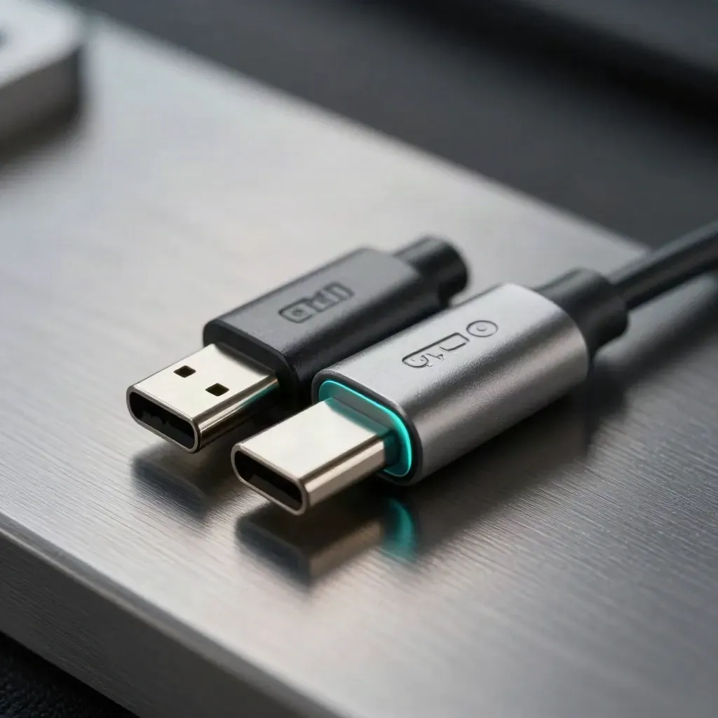 USB-C adapters and cable loop on brushed metal, softly lit in a premium editorial still life.