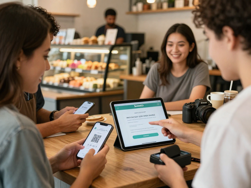 Dynamic café loyalty program scene showing customers engaging with the loyalty program using QR codes.