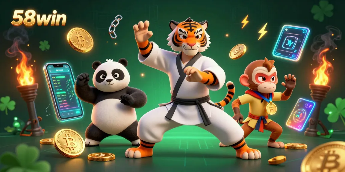 Engage with thrilling casino action at 58win, featuring a fun martial arts scene with glowing crypto elements.