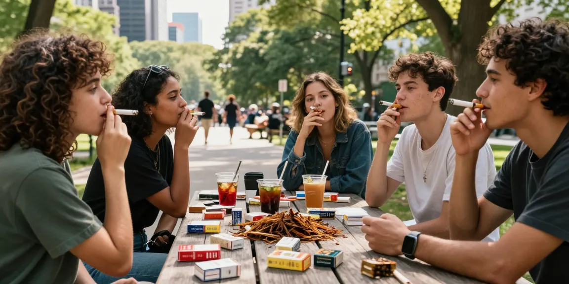 Group of friends sharing cheap tobacco and cigarettes online in an urban park setting, creating a vibrant social atmosphere.