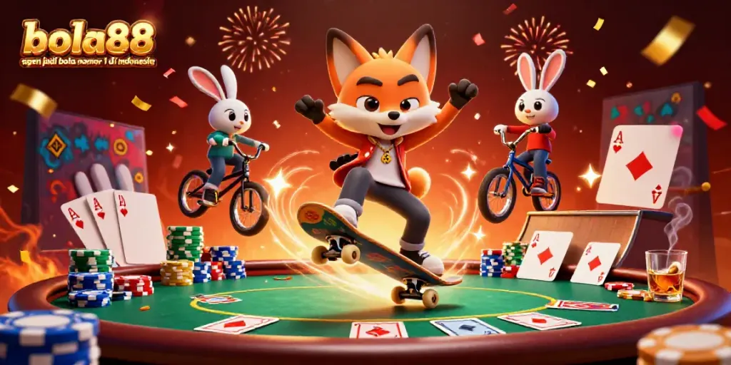 Bola88 agen judi bola nomor 1 di indonesia showcased by a skateboarder fox over poker chips, celebrating wins.