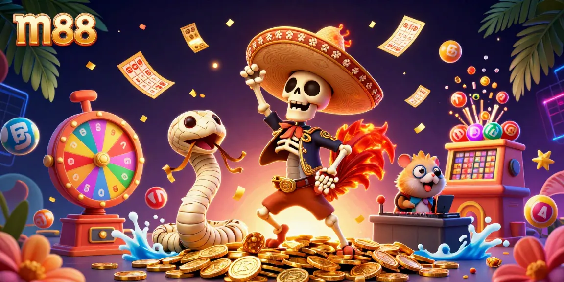 m88 casino features a skeleton mariachi rooster celebrating among gold coins and vibrant lottery elements.