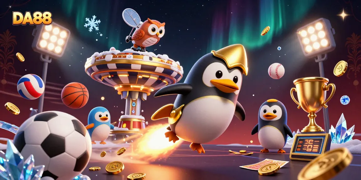 Bet on DA88 with a 3D dynamic scene featuring a golden penguin and sports balls