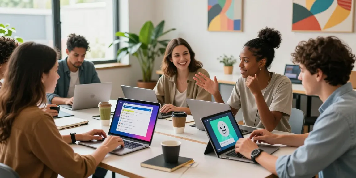 Engaging team collaborating with spicy chat AI in a modern workspace