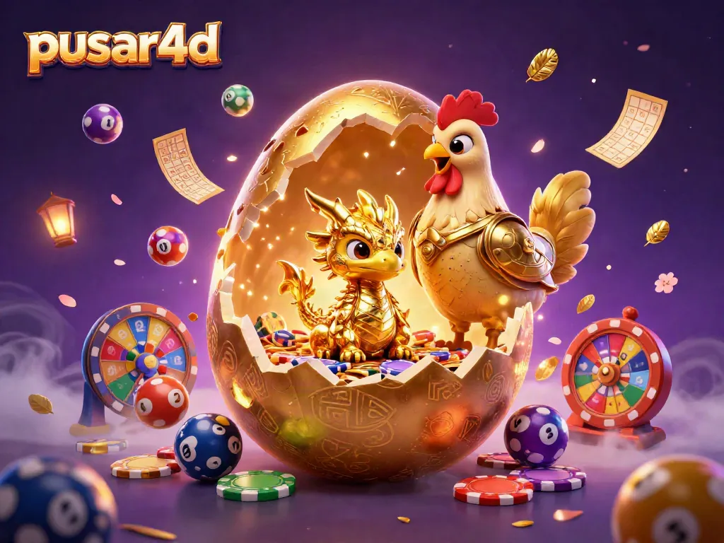 Pusar4d reveals a golden baby dragon amid floating lottery elements in a vibrant casino scene.