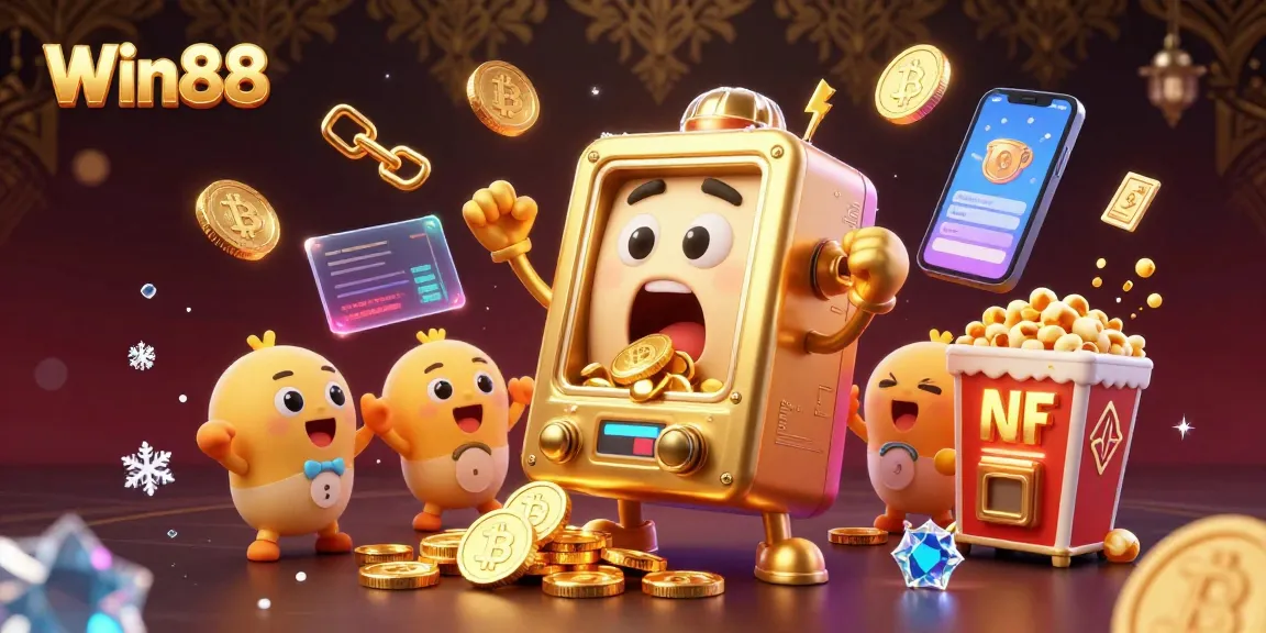 Win88 slot machine hits jackpot while coins pour out, surrounded by cheering smaller machines.