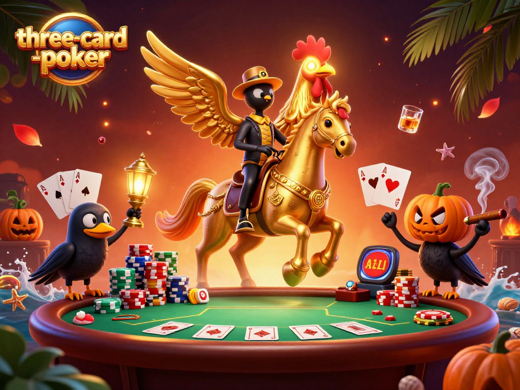 Experience thrilling three-card-poker action with spectacular casino elements in a vibrant midnight scene.