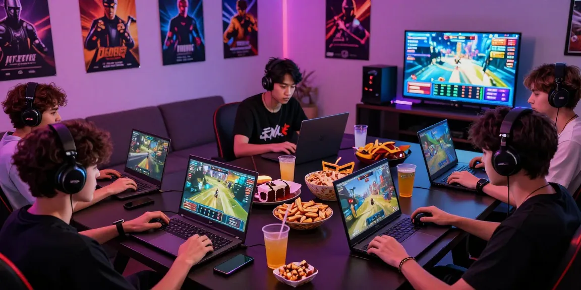 Engaged players enjoying CIKA4D platform games in a vibrant gaming room, showcasing devices and an exciting atmosphere.