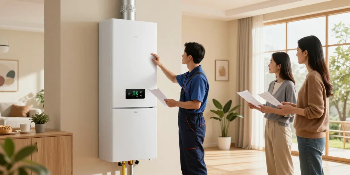Furnace Install Calgary - New high-efficiency furnace installation in contemporary living room with HVAC technician inspecting unit.
