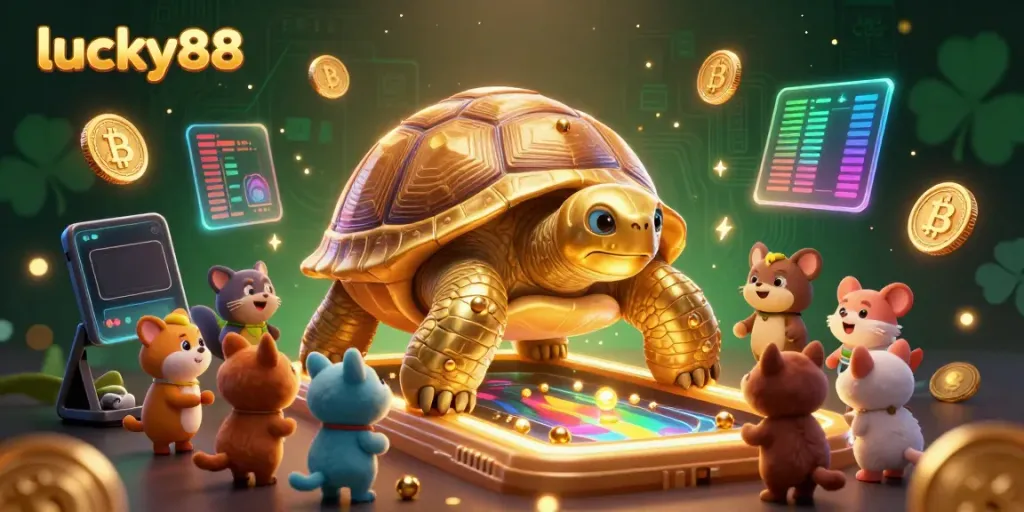 Engage with lucky88 in a vibrant casino scene featuring a golden tortoise and crypto elements.