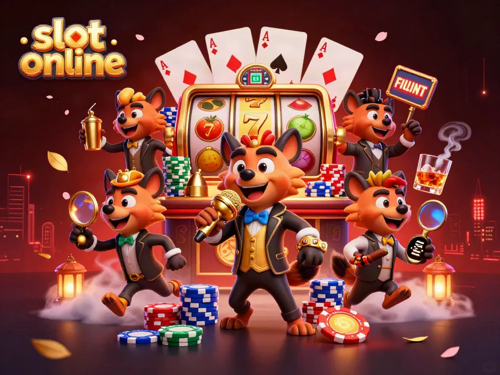 Engage with exciting slot online games in a vibrant casino atmosphere featuring lively hyenas.