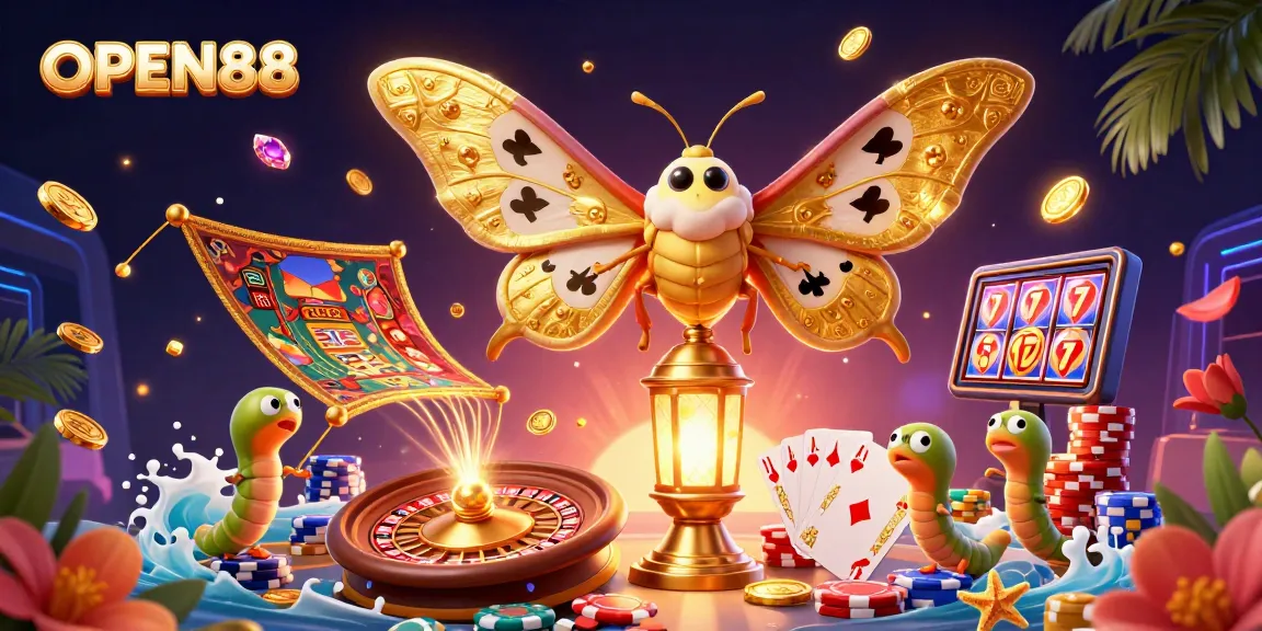 Experience vibrant gameplay with OPEN88's golden moth and exciting casino elements.