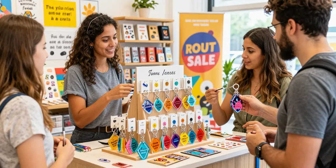 Custom Acrylic Diamond Keychains displayed in a vibrant retail setting, showcasing personalised designs and engaging customer experience.
