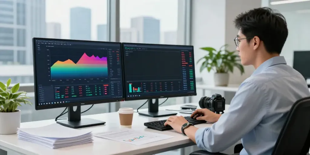 tradingview官网 focused trader analyzing market trends with dual monitors