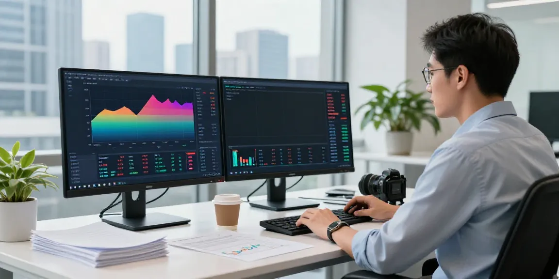 tradingview官网 focused trader analyzing market trends with dual monitors