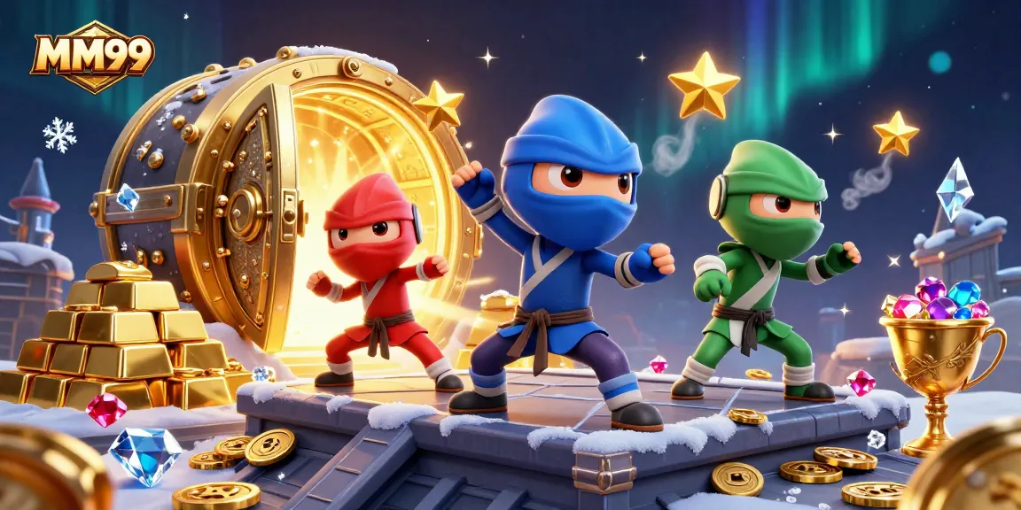 Unleash winnings at MM99 with a dynamic scene of ninja chameleons amid treasure.