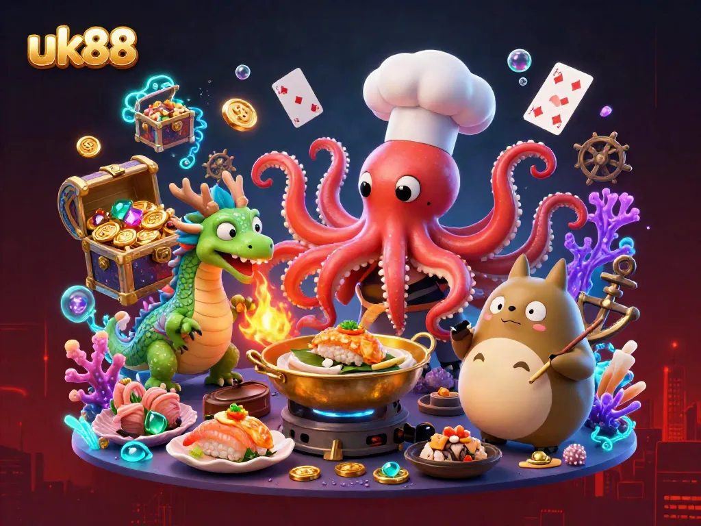 Experience thrilling gameplay with uk88 while enjoying a vibrant 3D casino scene featuring a chef octopus and dragon.