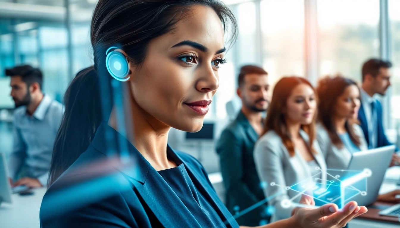 AI agents collaborating in a futuristic office, enhancing productivity and innovation.
