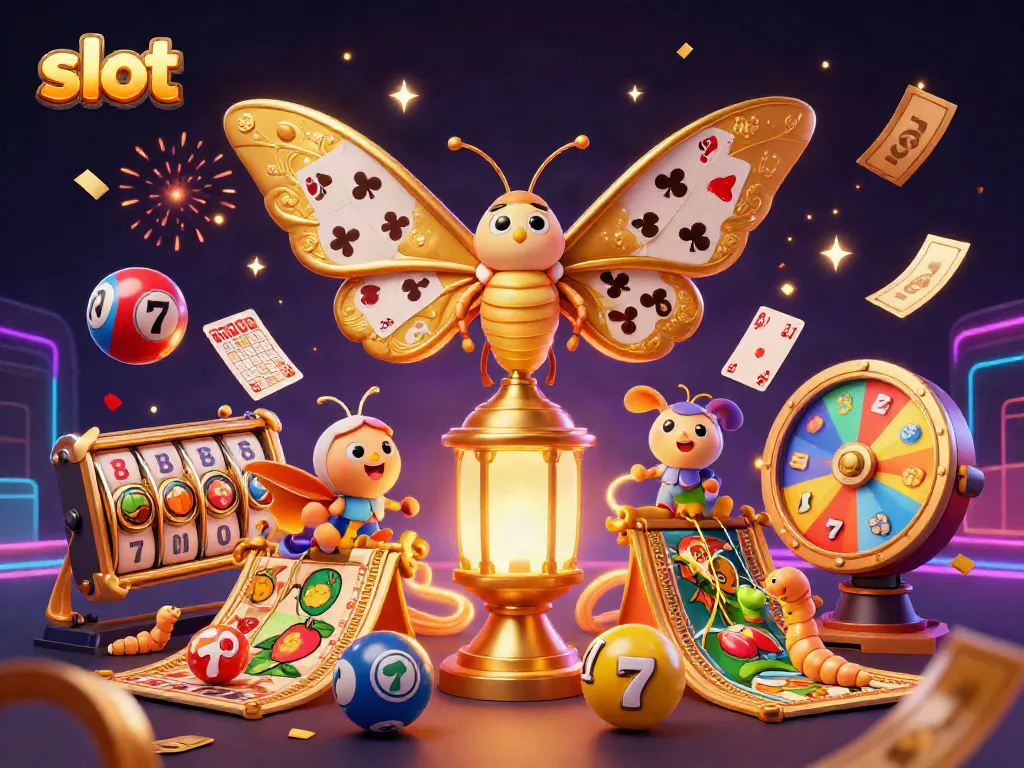 Slot mesin yang dikelilingi kupu-kupu 3D dan elemen kasino berwarna-warni, memperlihatkan suasana kemenangan.