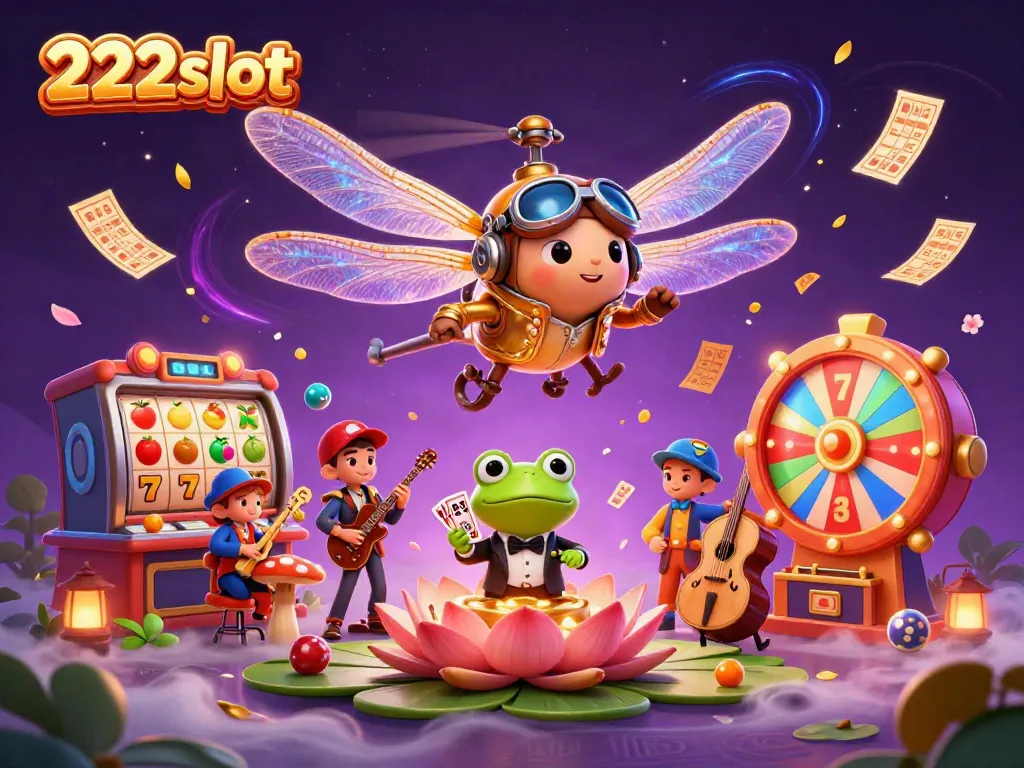Visualisasi kasino 222slot dengan simbol slot dan karakter unik yang menarik.