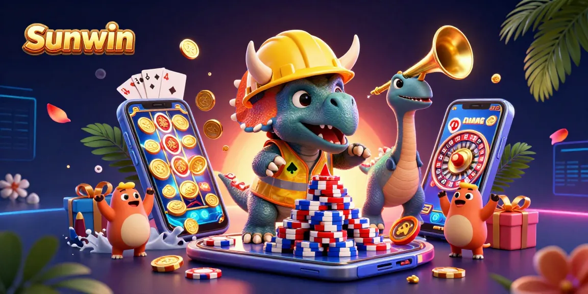 Experience Sunwin's thrilling casino world as a triceratops builds a poker chip pyramid!