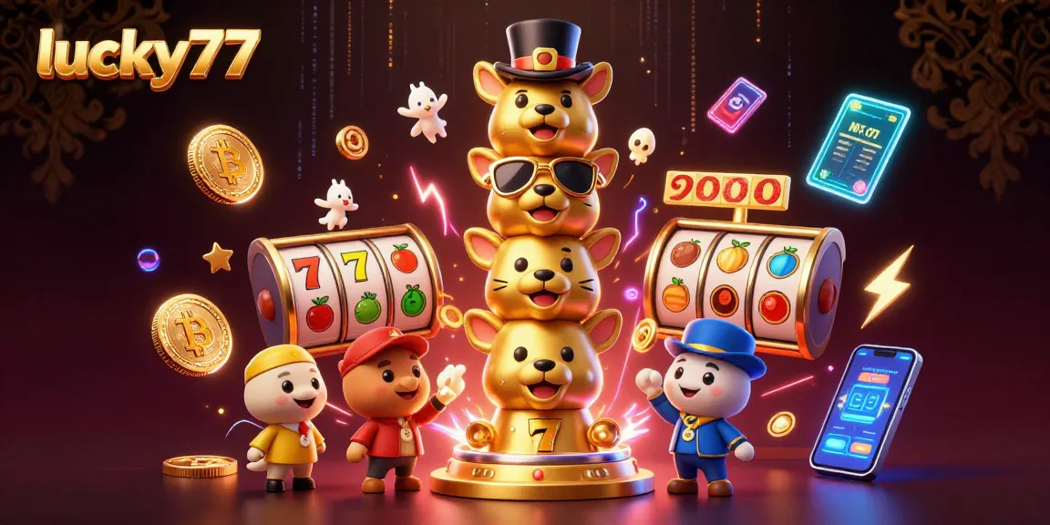 Experience luck with the lively lucky77 totem pole, vibrant slot reels, and Bitcoin elements.