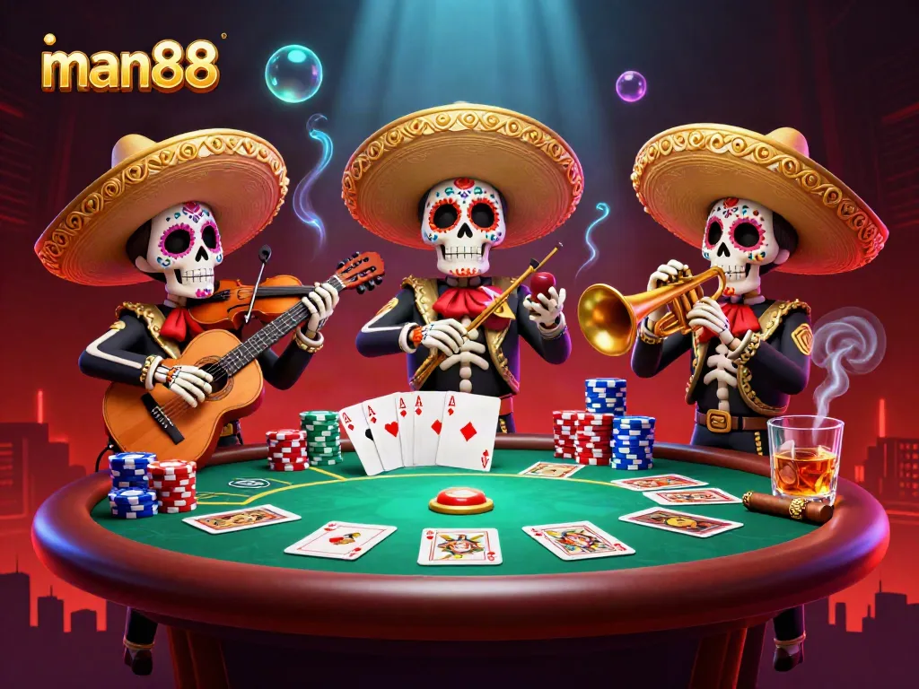 man88 showcases vibrant mariachi band amidst dynamic poker elements in this captivating illustration