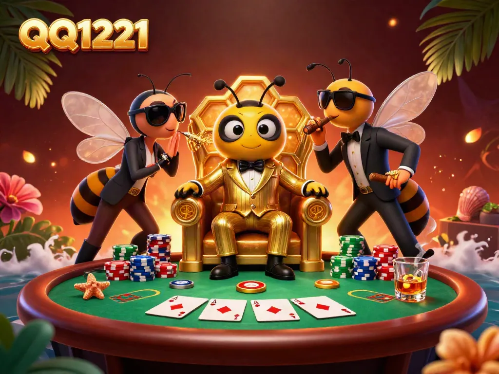 Engage with QQ1221 Casino's vibrant 3D bumblebee mob boss surrounded by gaming elements.