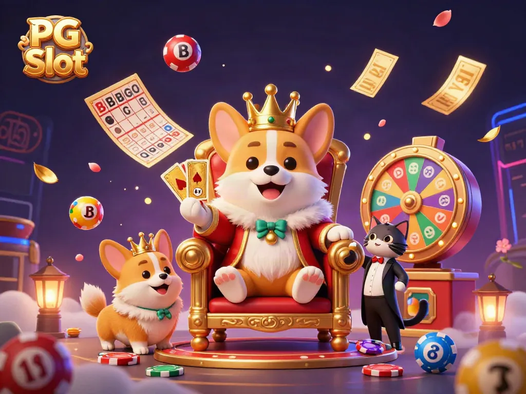 Menangkan PG Slot dengan ilustrasi ceria corgi kerajaan di kasino, dikelilingi bola lotere berwarna.