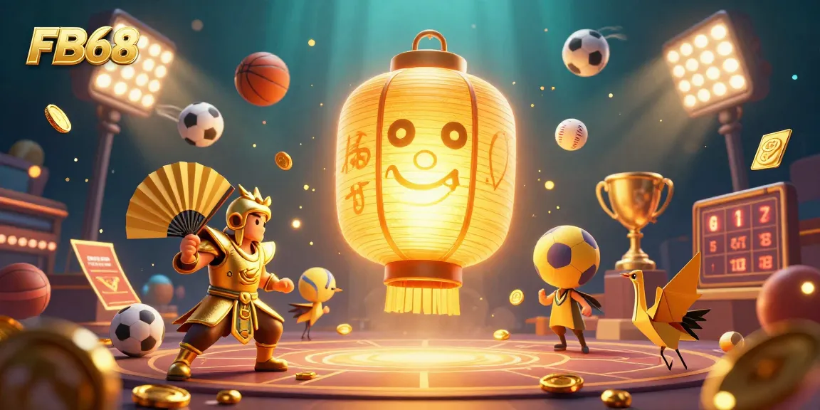 Experience the thrill of gambling with FB68's dynamic casino scene featuring spirited characters and vibrant sports elements.