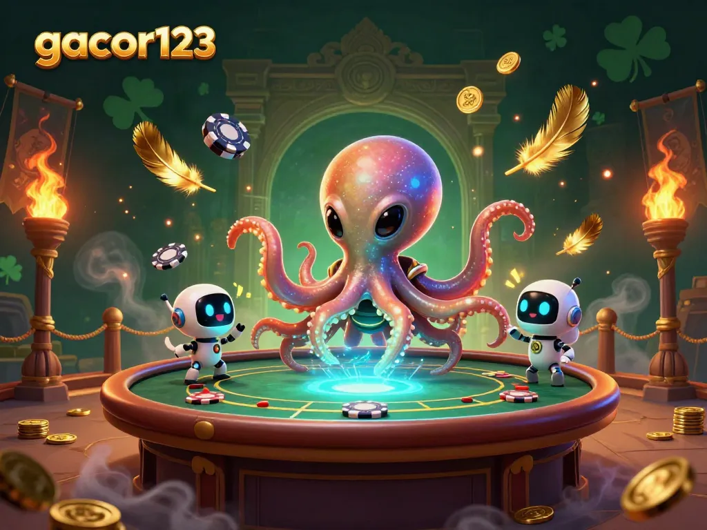 Engage with gacor123's thrilling gameplay, featuring an alien octopus at a holographic poker table amidst swirling golden casino elements.