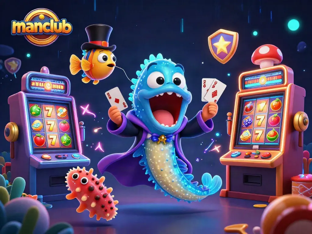 Experience the thrill of manclub casino games with vibrant 3D characters performing magic tricks.