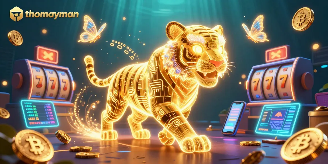 Experience thrilling gameplay with thomayman in a vibrant digital casino scene filled with slot reels and crypto elements.