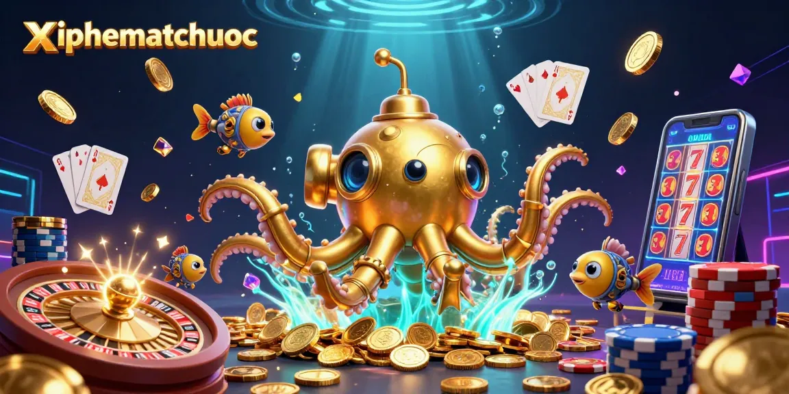 xiphematchuoc showcases a vibrant underwater casino scene with a golden kraken, mechanical fish, and casino elements.