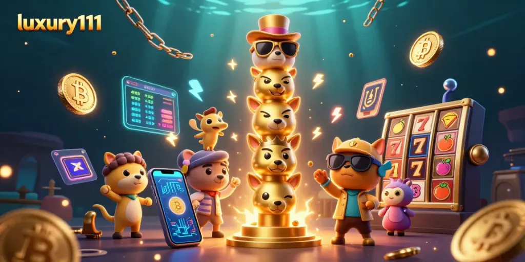 Engage with luxury111's slots through vibrant 3D art illustrating casino elements and whimsical characters.