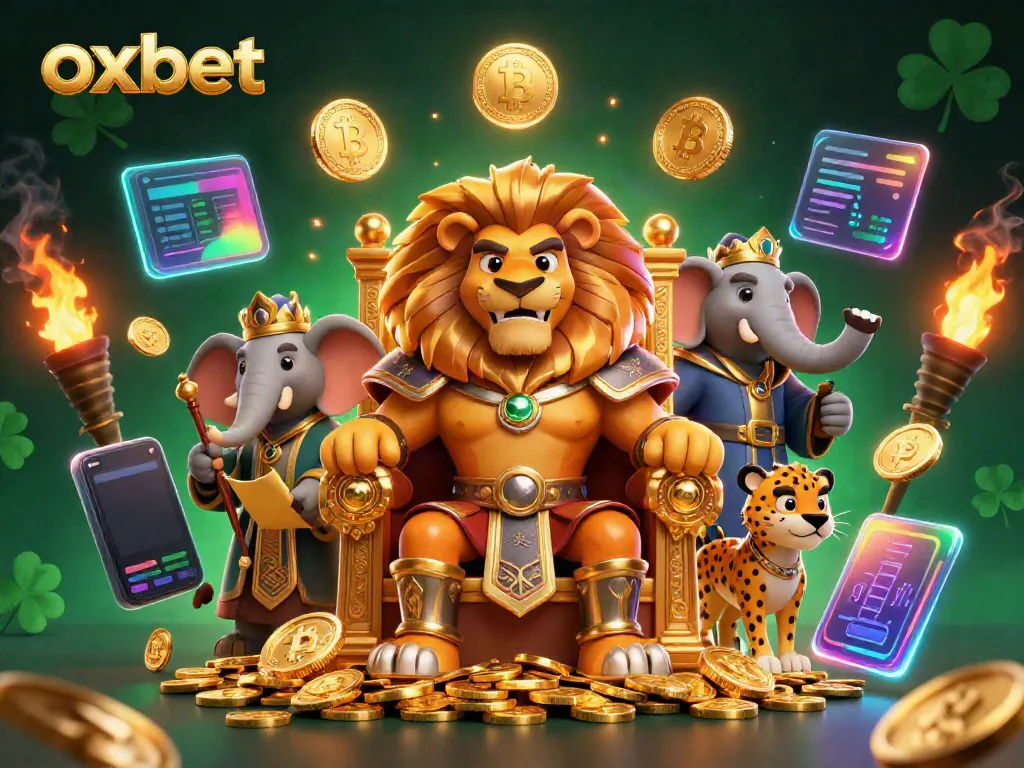 Experience thrilling gaming opportunities at oxbet, depicted with a regal lion and vibrant crypto symbols.