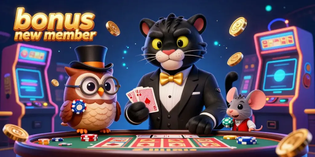 Engaging illustration showing stylish 3D casino characters and celebrating 'bonus new member'.