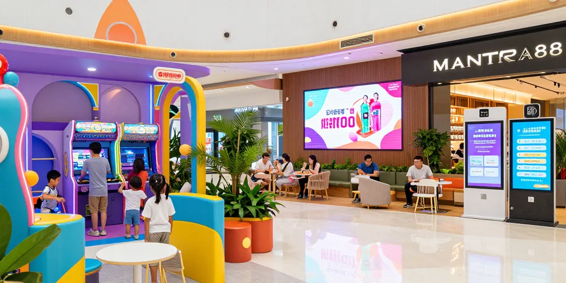 Visit www.mgoldproperties.com for vibrant MANTRA88 commercial entertainment featuring families enjoying attractions and interactive kiosks.