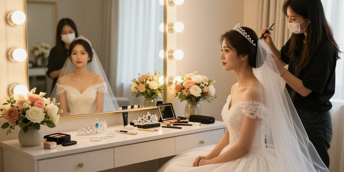 Trucco sposa realizzato da un professionista in uno studio elegante con dettagli floreali.