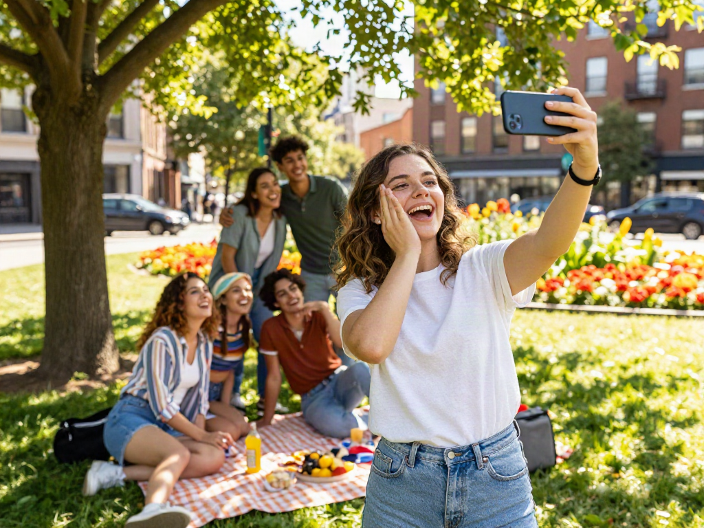 How old do I look? Friends enjoying a sunny park day capturing joyful moments.