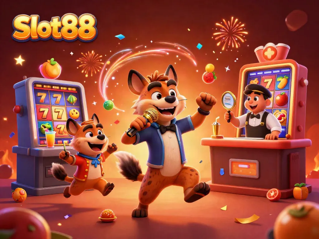 Pemain menikmati permainan Slot88 dengan karakter hyena di kasino, suasana ceria dan penuh warna.