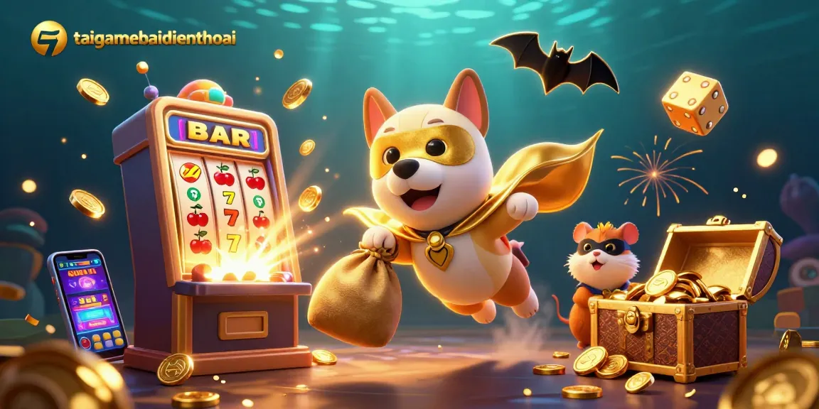 Engage in exciting games at taigamebaidienthoai with a thrilling illustration of a superhero dog and hamster.
